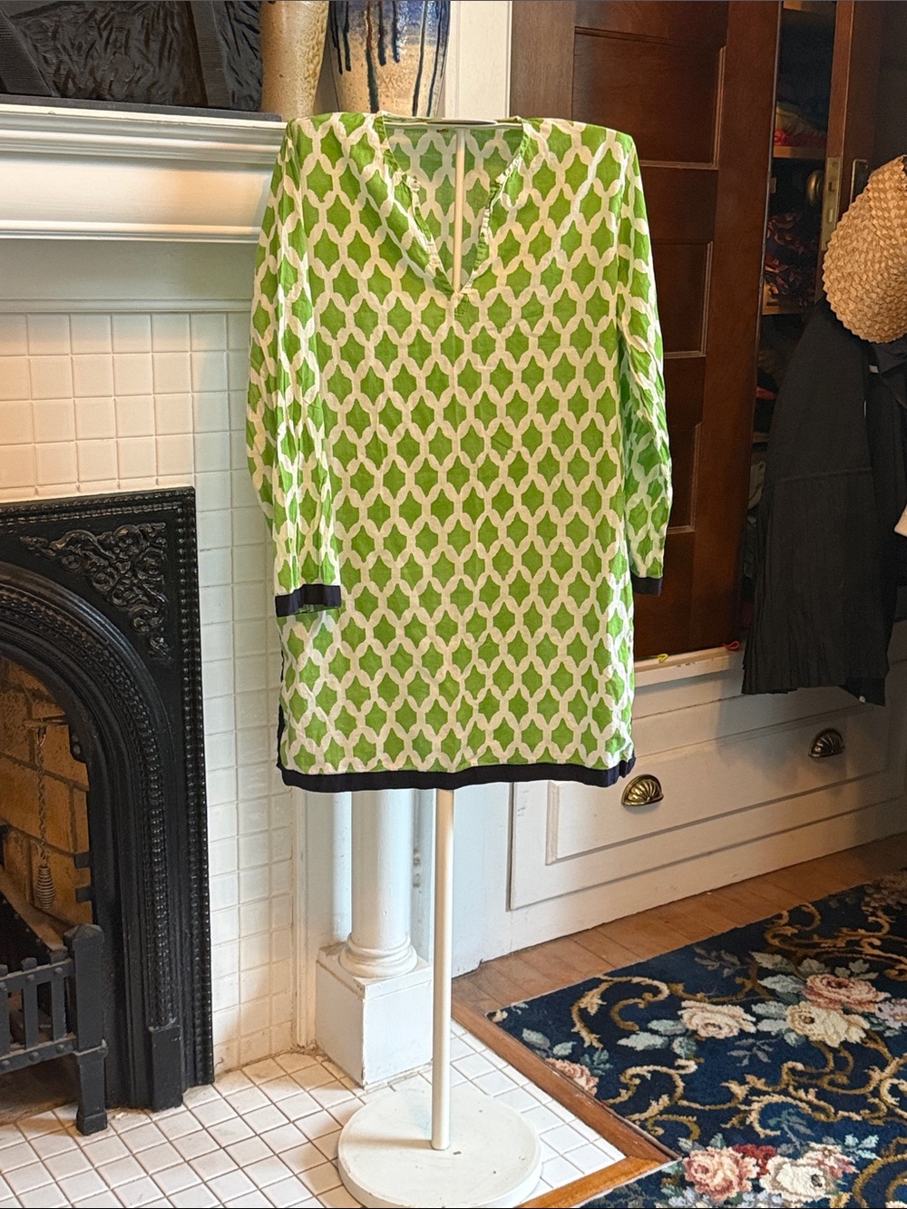 Roberta Roller Rabbit Green and White Geometric Tunic Dress with‎ Black Trim